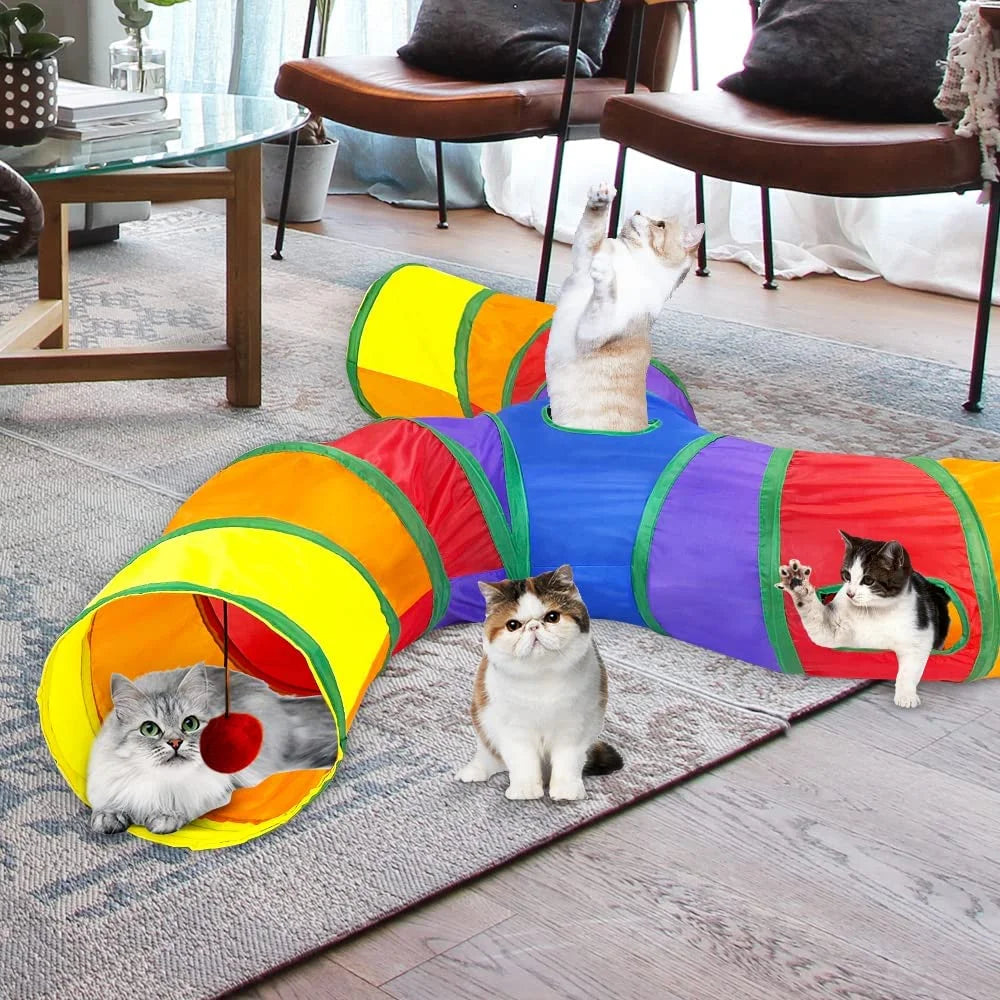 Pet Cat Play Tunnel Tube Foldable, 3Way S Movement Pet Tunnel with Interactive Ball Indoor Outdoor, Pet Dog Toys Small Animals, Puppies, Kittens, (Color)