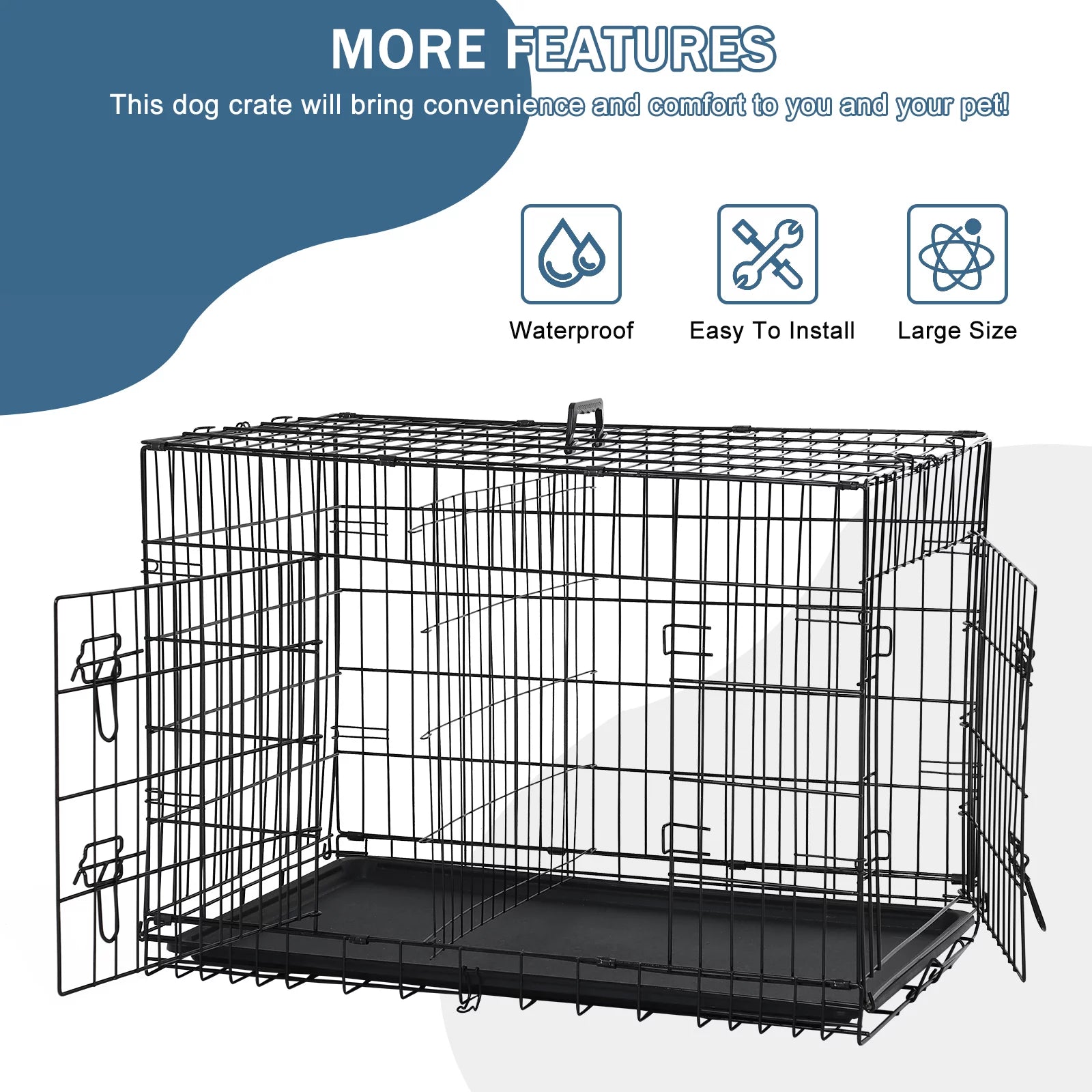 48 Inch Foldable Large Dog Crate for Large Dogs, Metal Wire Dog Cage with Plastic Tray and Handle Double-Door Outdoor Dog Crates and Kennels for Medium Dogs, Black