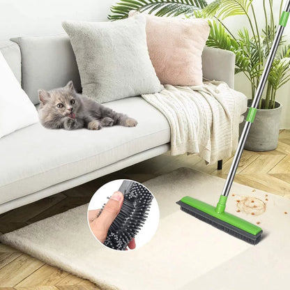 Rubber Broom for Clean Indoor&Outdoor,50'' Handle Carpet Rug Rake & Pet Massage Brush,Green