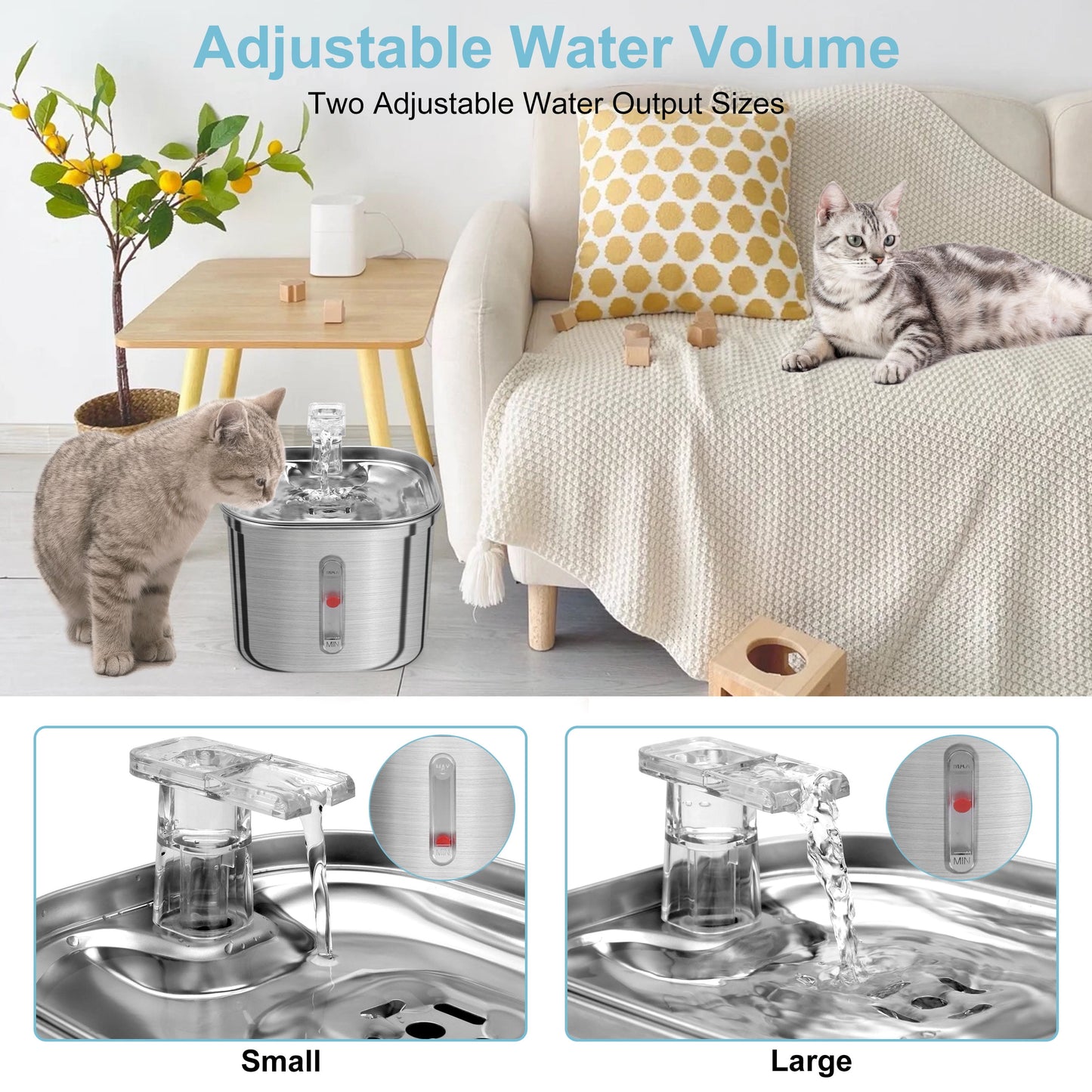 74Oz/2.2L Stainless Steel Automatic Pet Water Fountain Dispenser Cat Dog Drinking Bowl with Filters