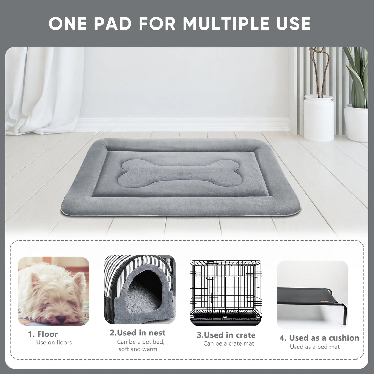 Dog Bed Washable 42In Crate Mat Anti-Slip Pet Mattress Soft Kennel Pads Celadon Grey