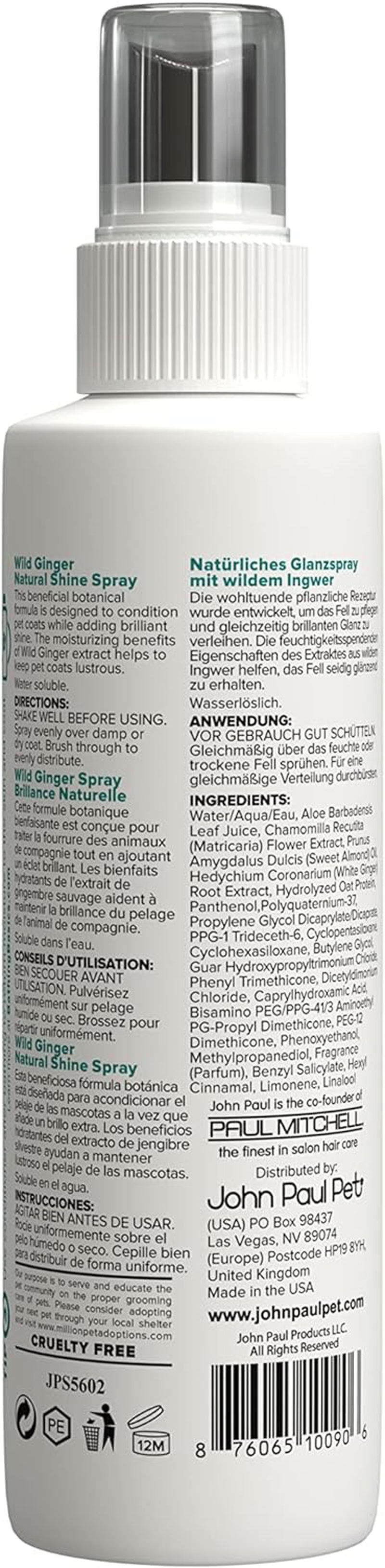 John Paul Pet Wild Ginger Shine Spray for Dogs and Cats, Soothes Conditions Mois