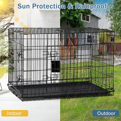 48 Inch Foldable Large Dog Crate for Large Dogs, Metal Wire Dog Cage with Plastic Tray and Handle Double-Door Outdoor Dog Crates and Kennels for Medium Dogs, Black