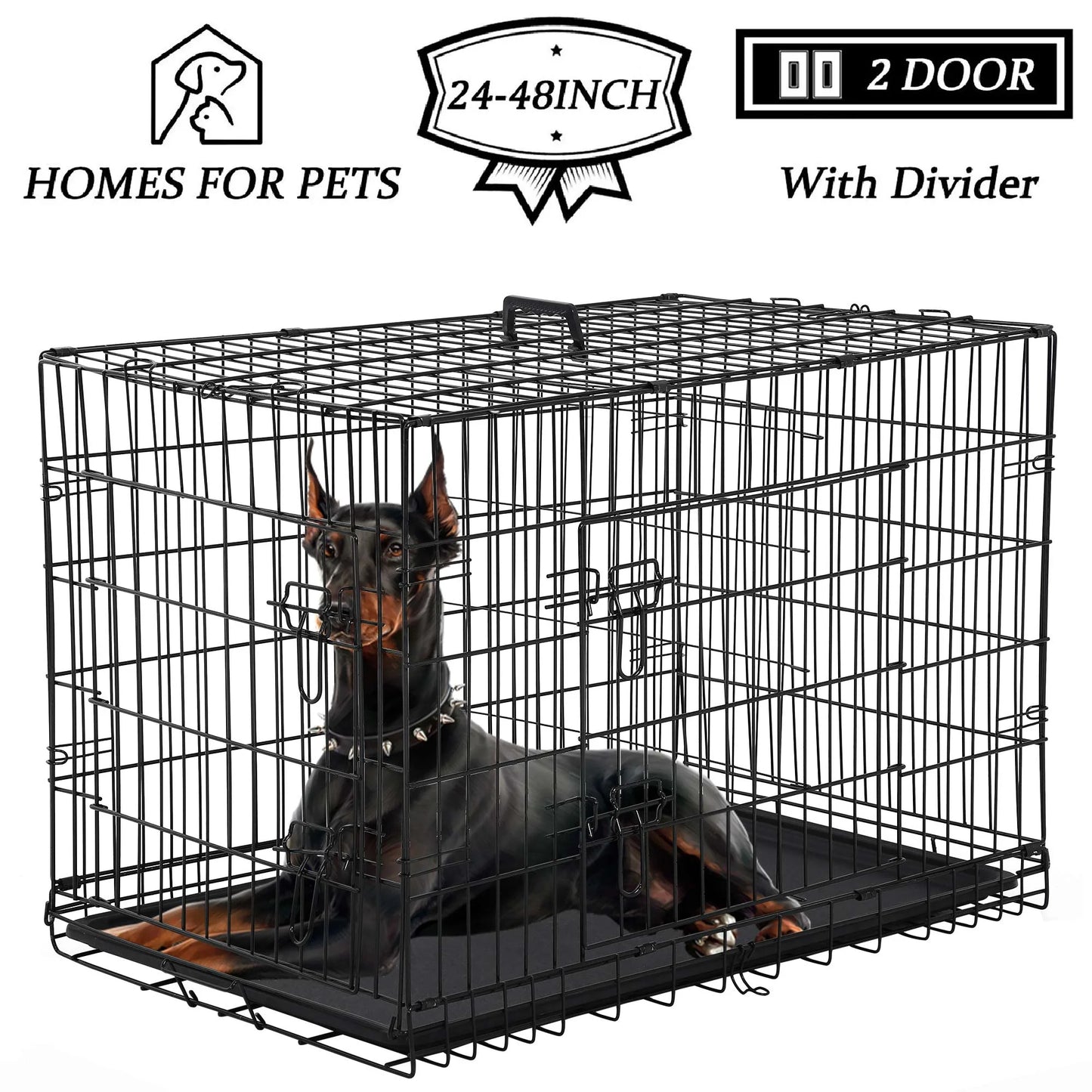 48 Inch Foldable Large Dog Crate for Large Dogs, Metal Wire Dog Cage with Plastic Tray and Handle Double-Door Outdoor Dog Crates and Kennels for Medium Dogs, Black