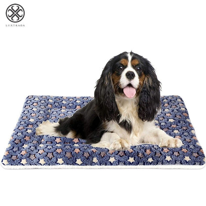 Pet Dog Bed with Cute Prints Soft Flannel Crate Bed Mat Machine Washable Pet Bed Liner for Middle Dog(Blue,L)