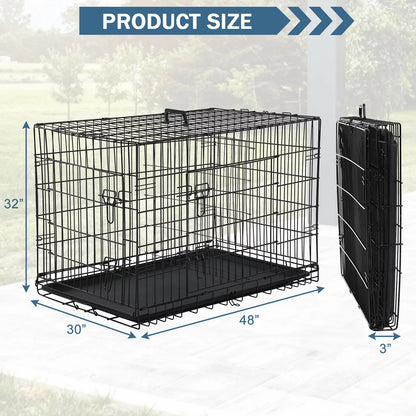 48 Inch Foldable Large Dog Crate for Large Dogs, Metal Wire Dog Cage with Plastic Tray and Handle Double-Door Outdoor Dog Crates and Kennels for Medium Dogs, Black