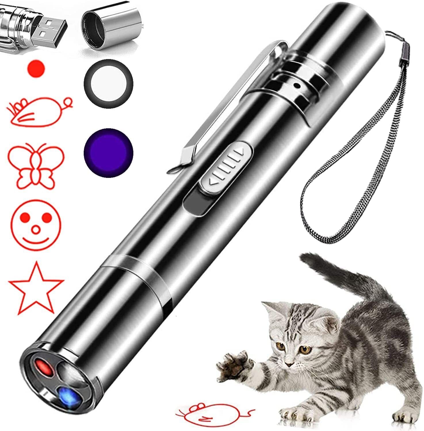 USB RECHARGEABLE SUPER LASER POINTER PEN 3 in 1 Cat Pet Toy Red UV Flashlight