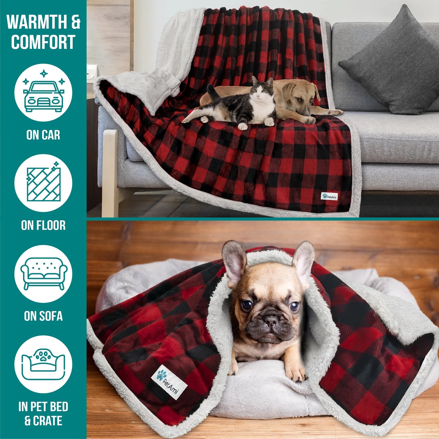 Waterproof Dog Blanket for Small Medium Dog, Pet Puppy Blanket Couch Cover Protection, Sherpa Fleece Cat Blanket Couch Sofa Bed Furniture Protector Reversible Soft Washable 29X40 Checker Red