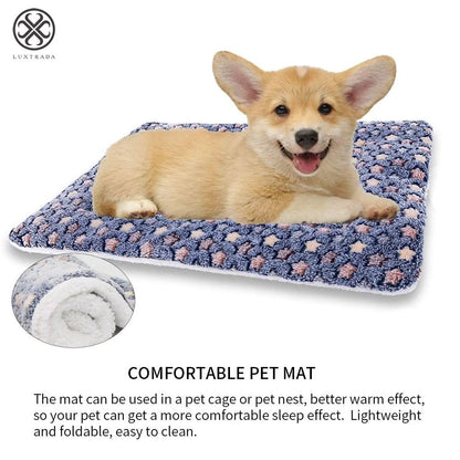 Pet Dog Bed with Cute Prints Soft Flannel Crate Bed Mat Machine Washable Pet Bed Liner for Middle Dog(Blue,L)