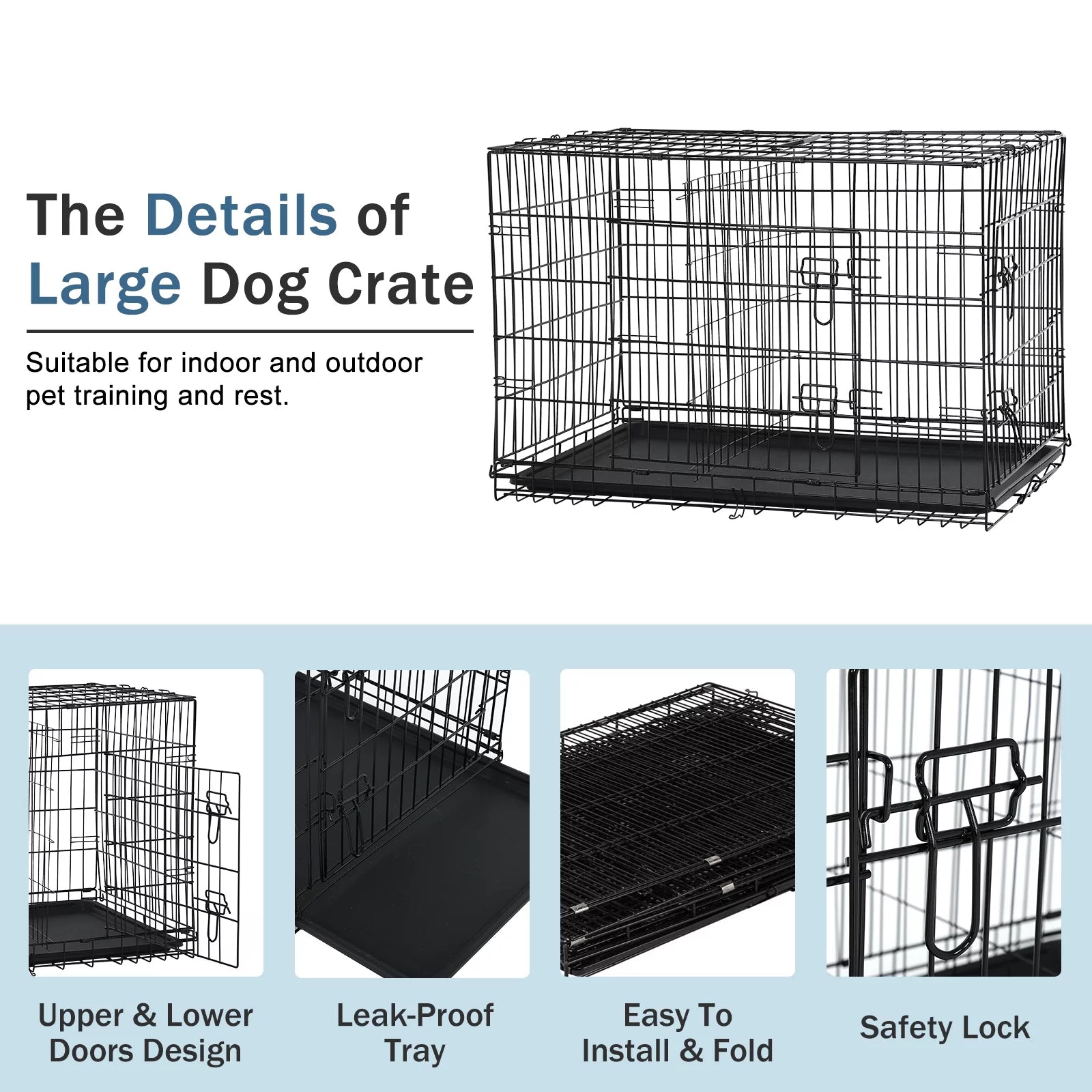 48 Inch Foldable Large Dog Crate for Large Dogs, Metal Wire Dog Cage with Plastic Tray and Handle Double-Door Outdoor Dog Crates and Kennels for Medium Dogs, Black