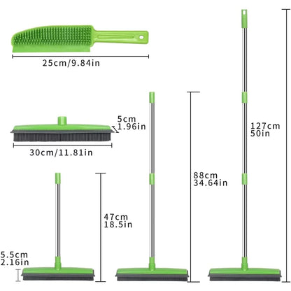 Rubber Broom for Clean Indoor&Outdoor,50'' Handle Carpet Rug Rake & Pet Massage Brush,Green