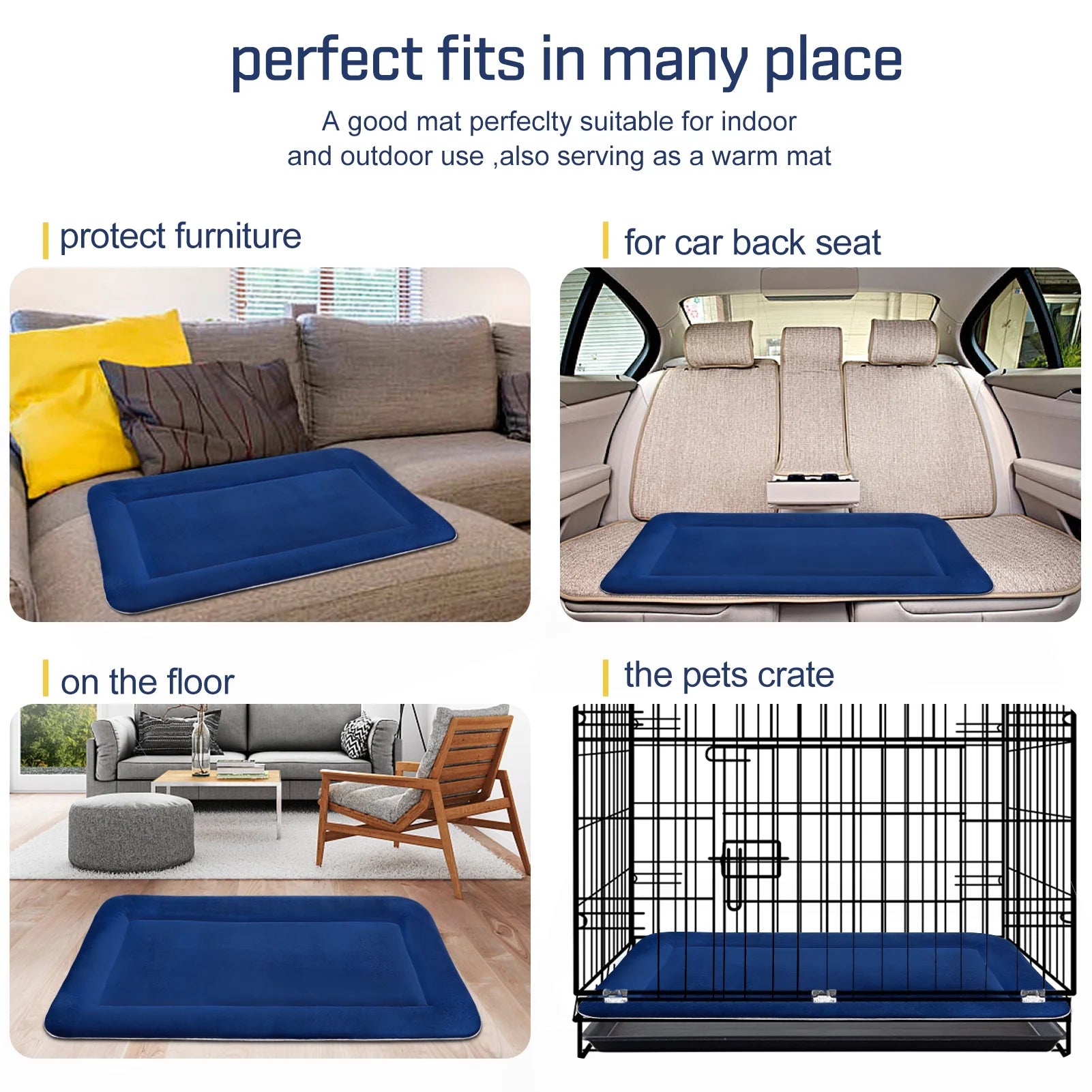 Large Dog Bed Crate Mat 35" Washable Pet Beds Anti-Slip Kennel Mats Dark Blue