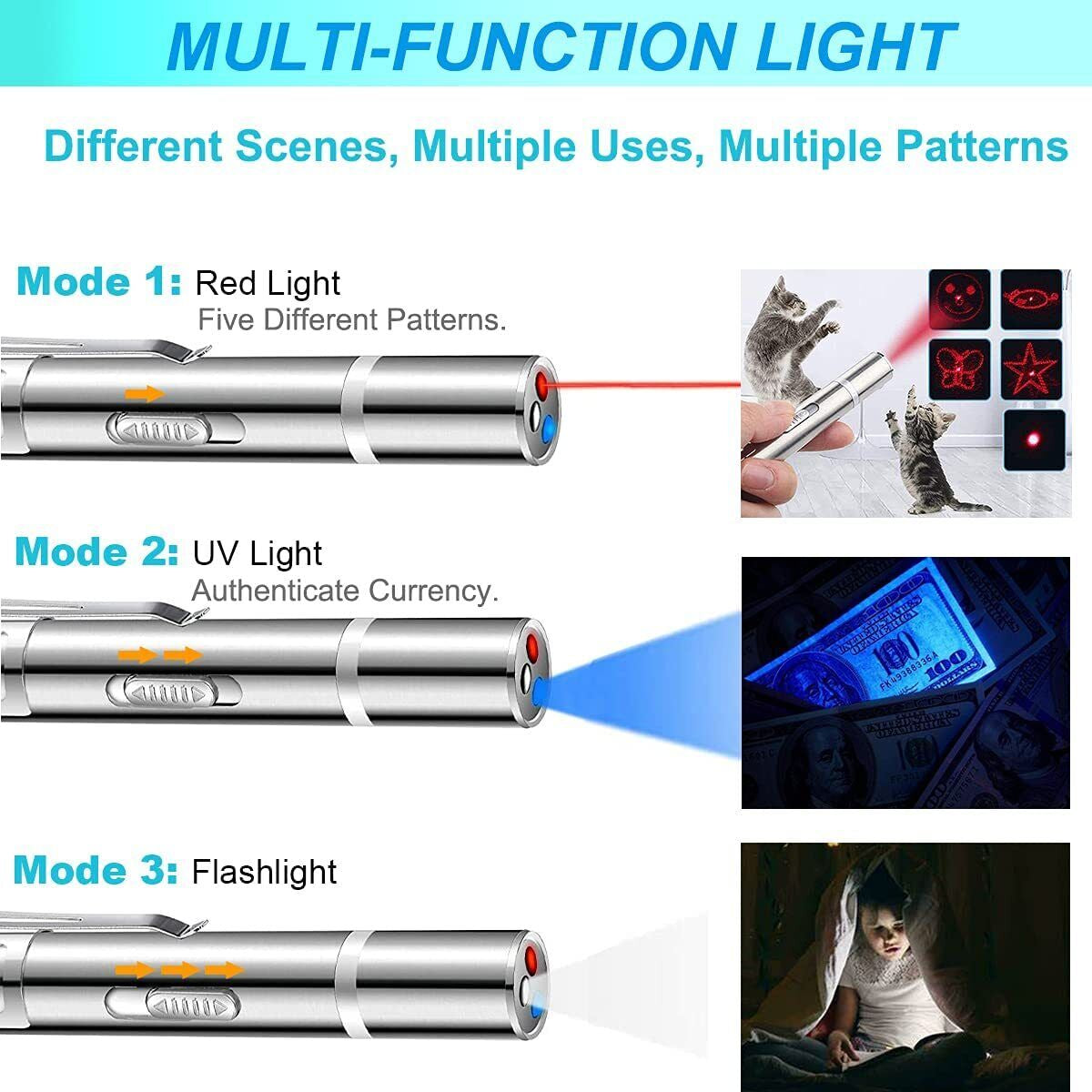 USB RECHARGEABLE SUPER LASER POINTER PEN 3 in 1 Cat Pet Toy Red UV Flashlight